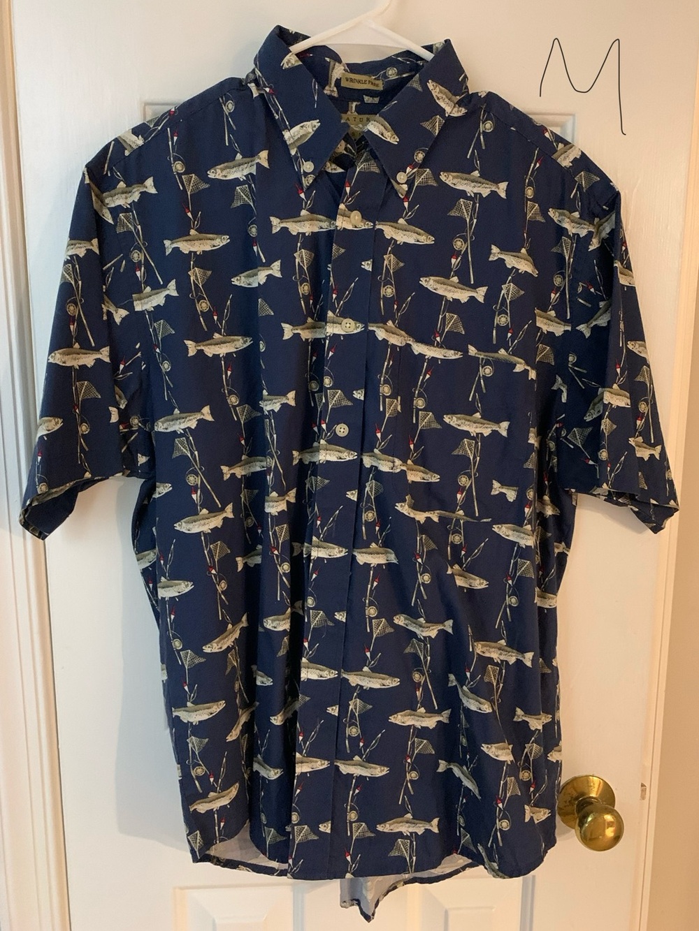 Navy Short-Sleeve Fish Print Button-Up Shirt